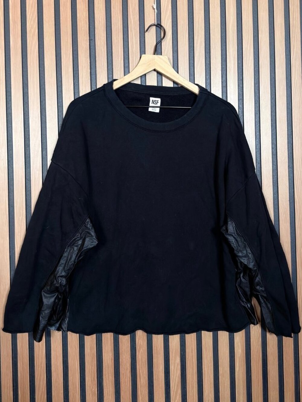 NSF Sweatshirt Small Womens Black Pullover Crewneck Fleece Faux Knit Trim